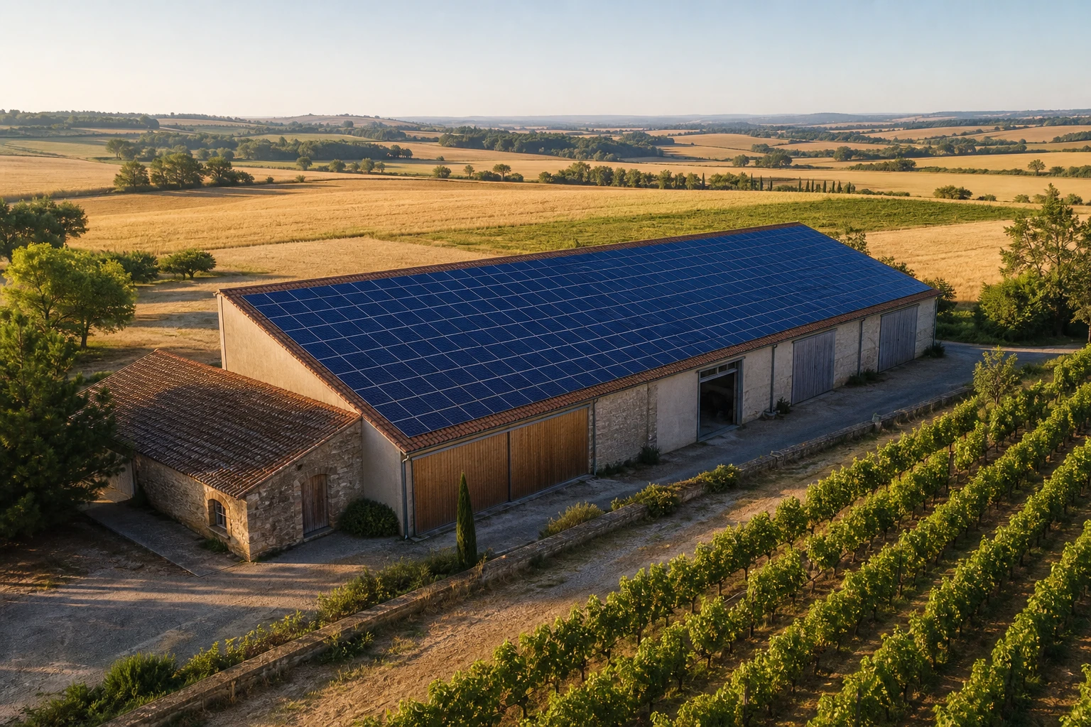 Grande toiture solaire dans l’Aude Hangar agricole équipé de panneaux photovoltaïques dans la plaine audoise