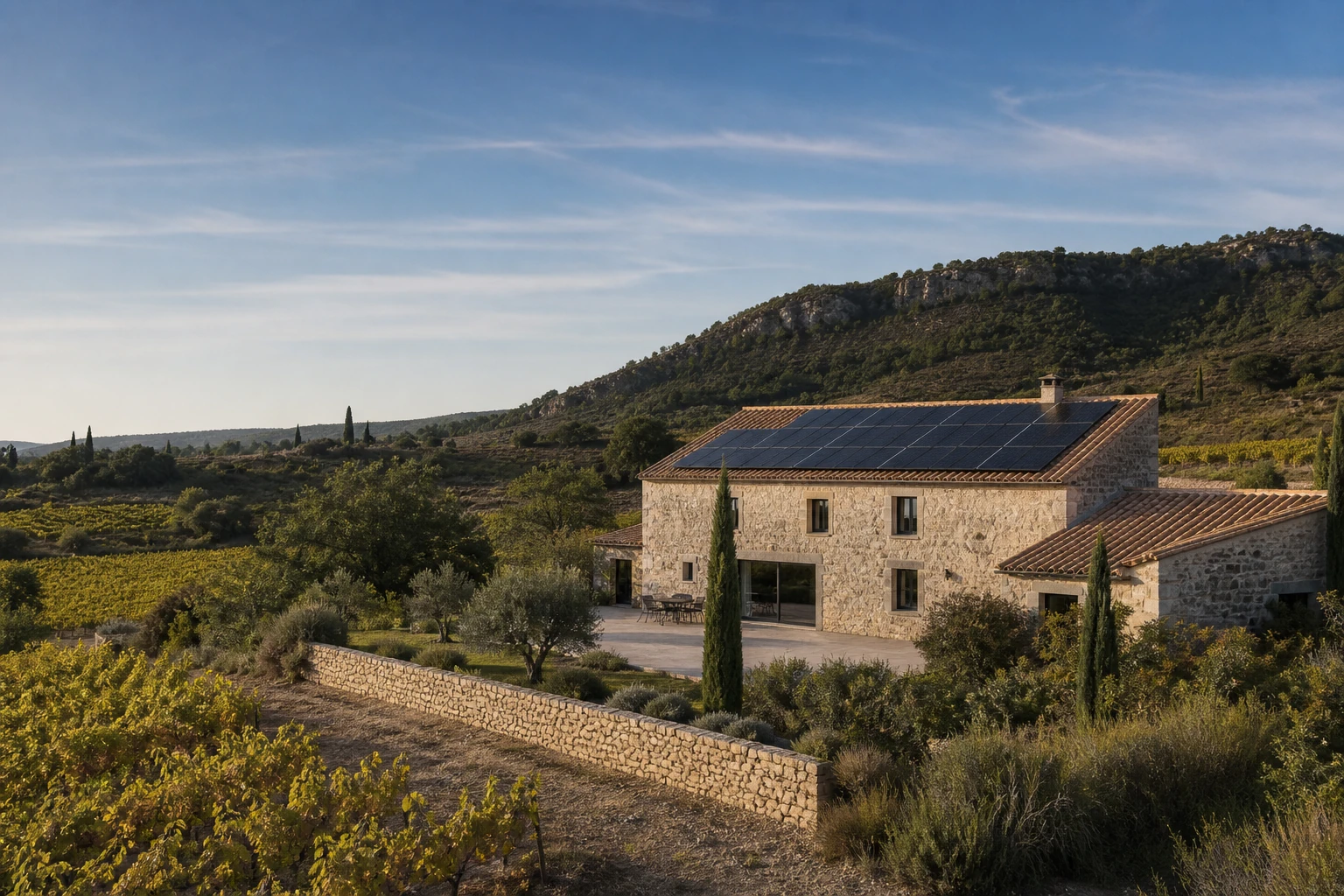 Habitat solaire entre vignes et garrigue Maison rénovée avec panneaux solaires au bord d’un vignoble de l’Aude