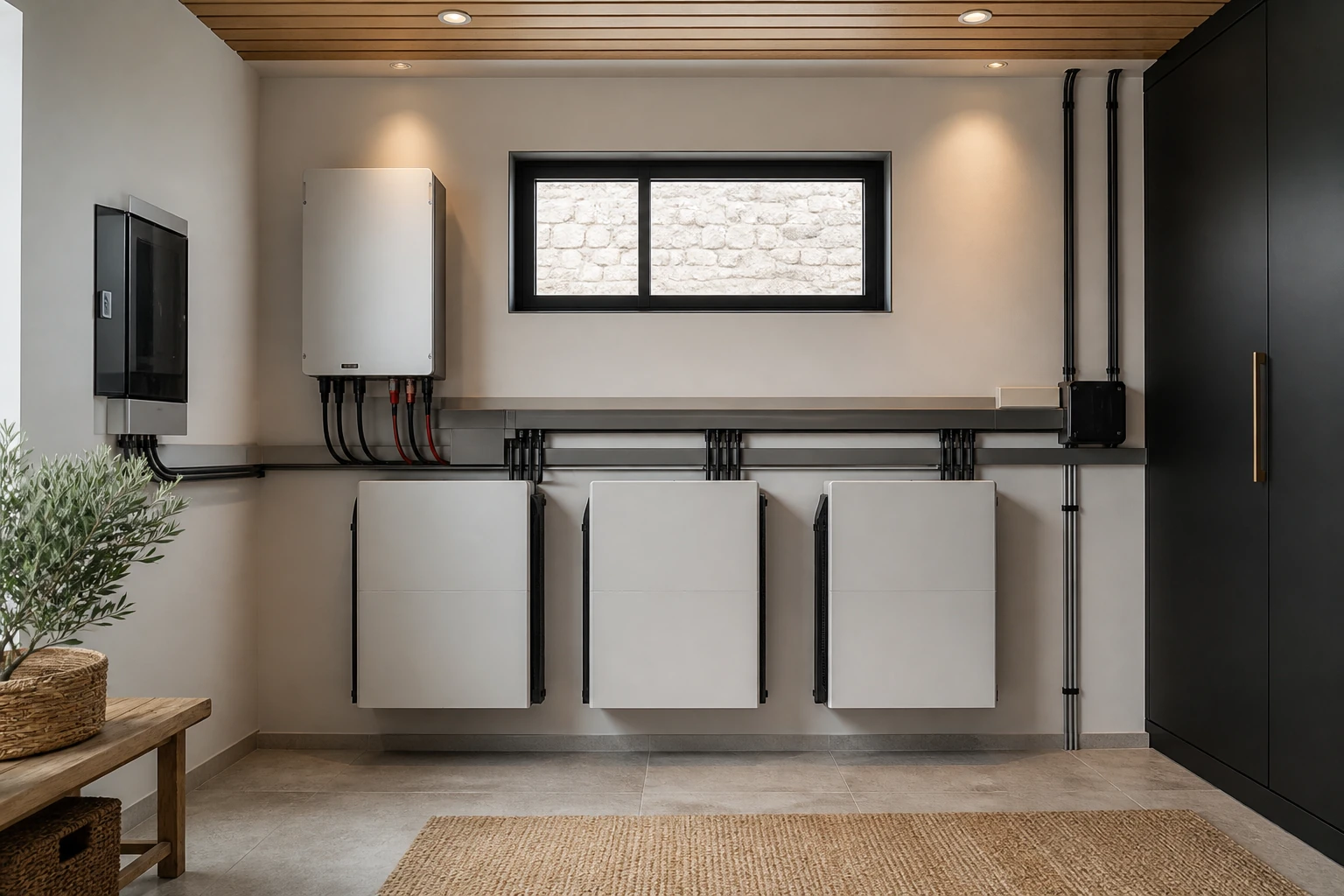 Batterie résidentielle et onduleur installés avec un câblage protégé