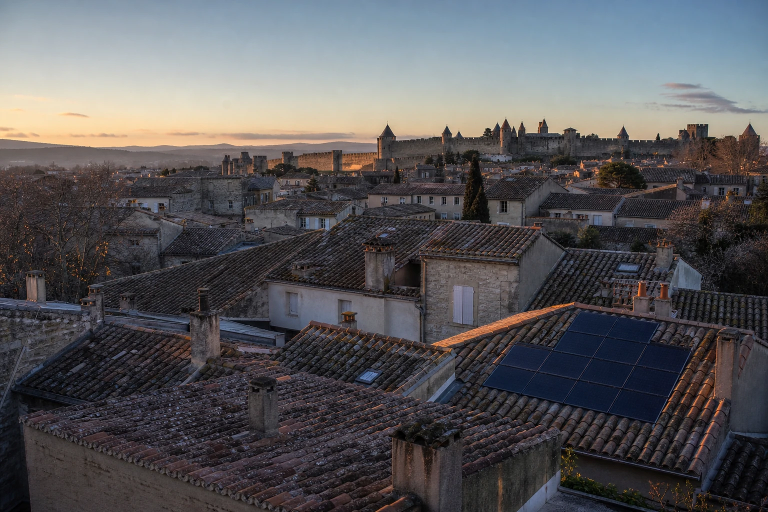 Toits en terre cuite de Carcassonne avec une installation photovoltaïque discrète