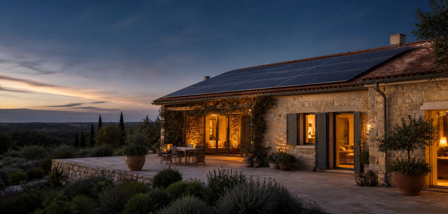 Maison solaire près de Carcassonne éclairée à la tombée du jour