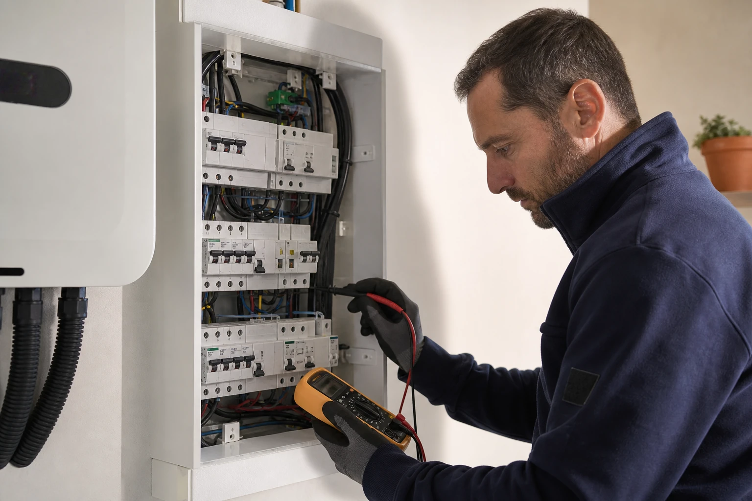 Électricien vérifiant les protections dédiées d’une installation photovoltaïque