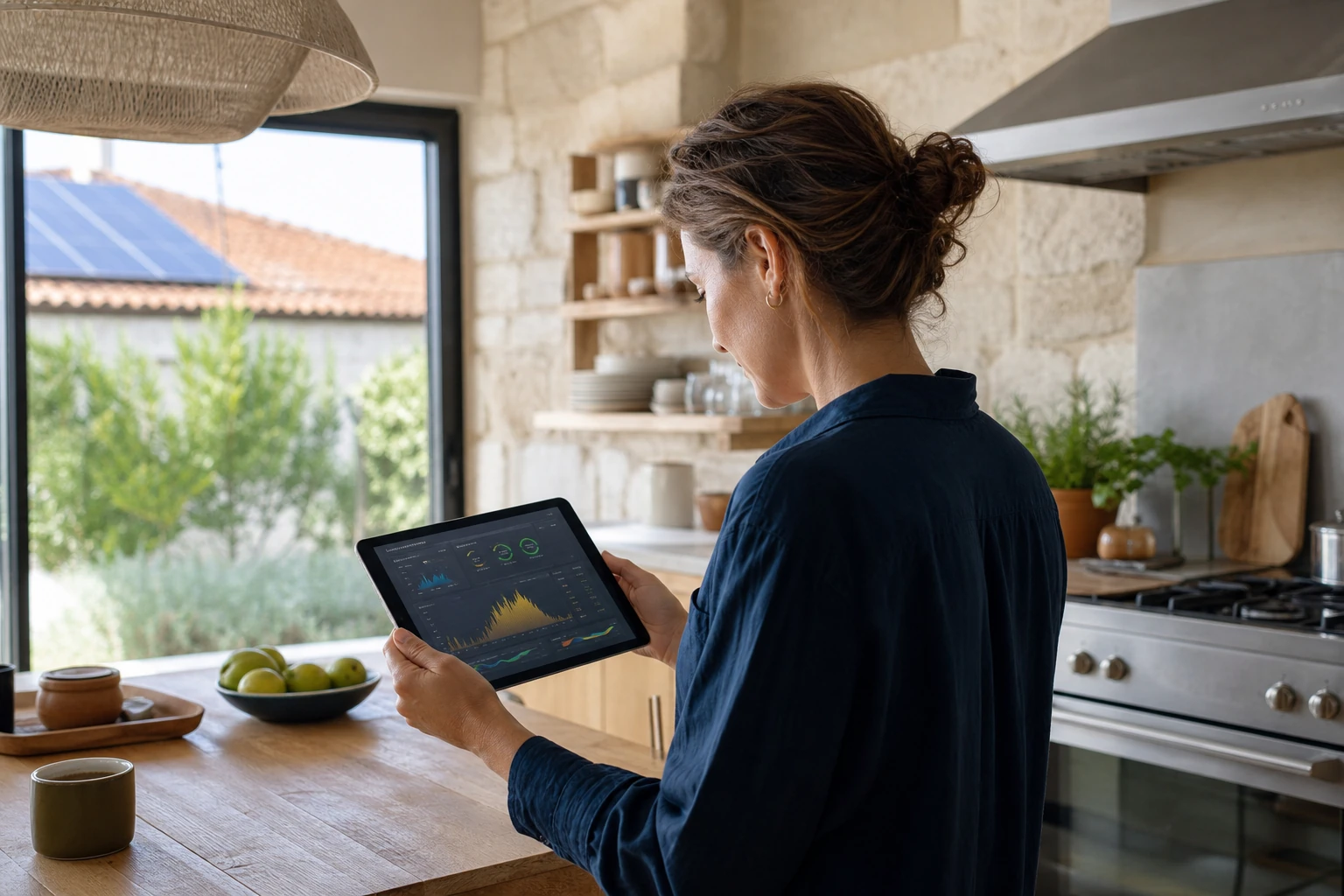 Habitante consultant le suivi de sa production solaire sur une tablette