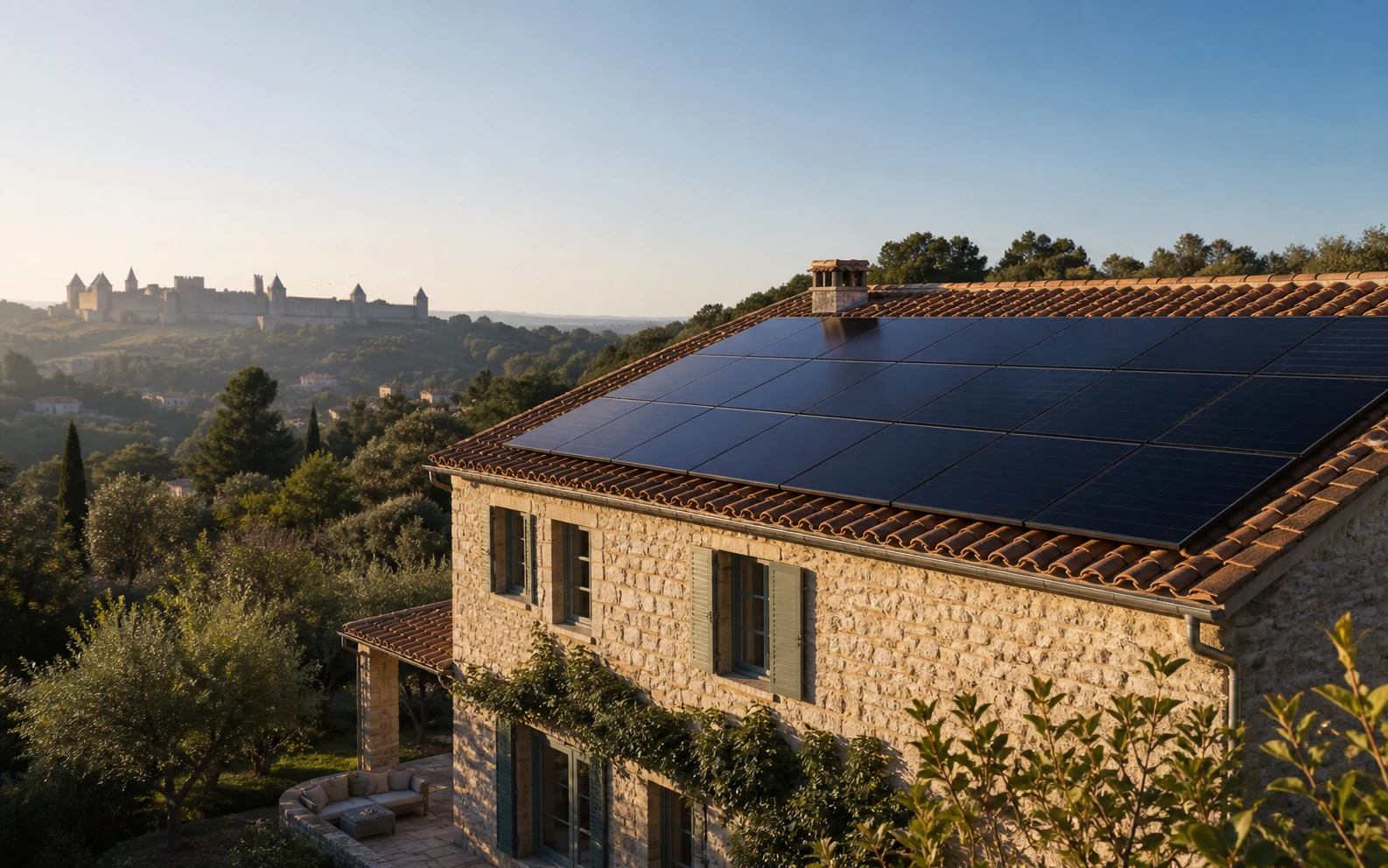 Villa en pierre près de Carcassonne avec panneaux photovoltaïques alignés sur un toit en tuiles