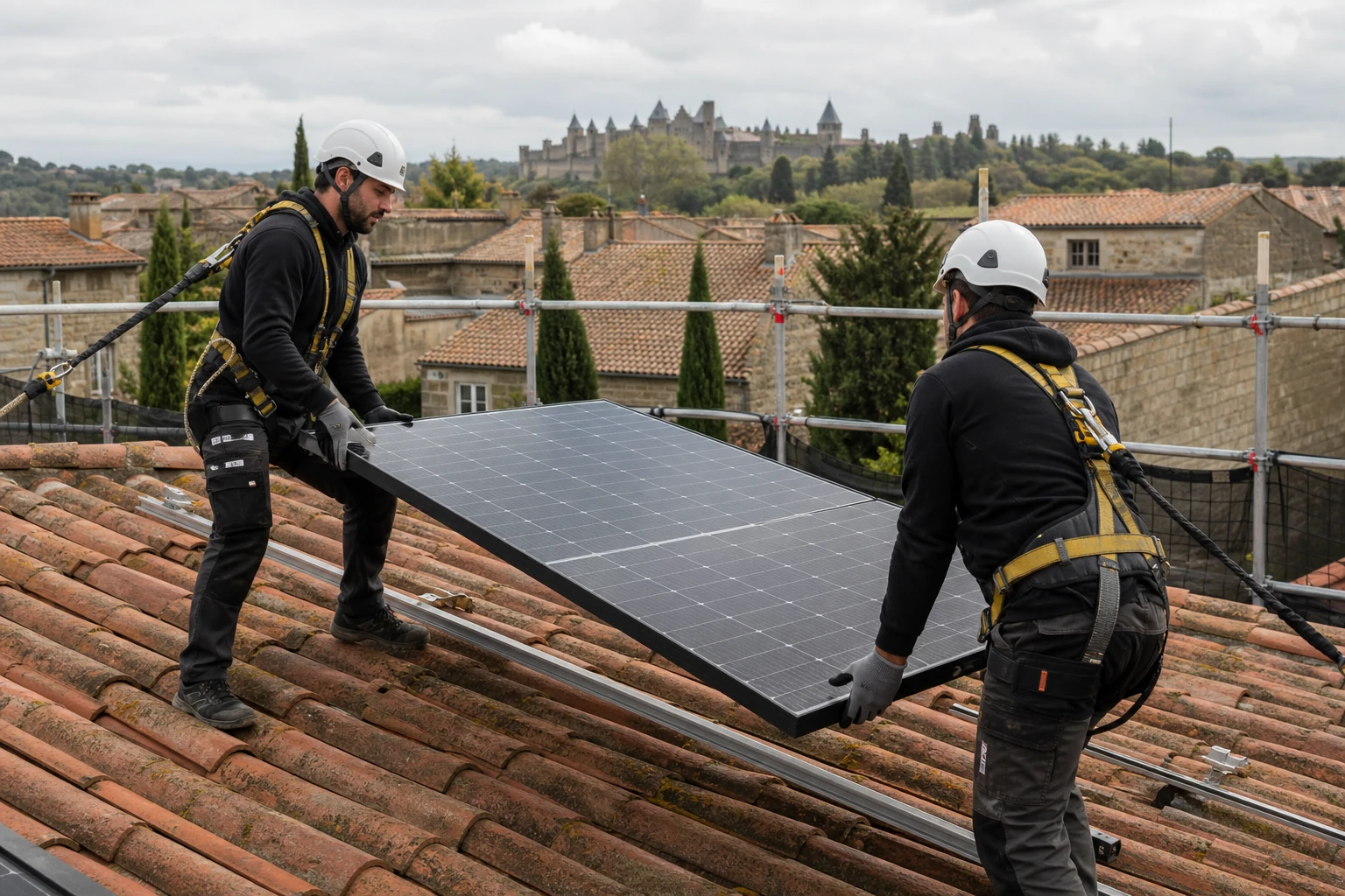 Deux installateurs sécurisés positionnant un module sur une toiture en tuiles