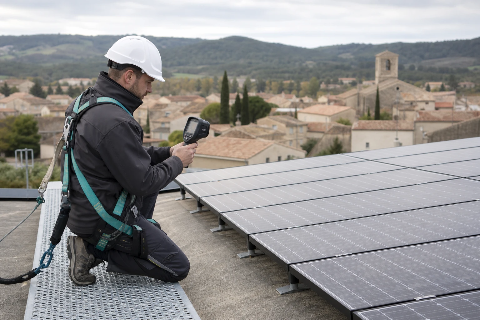 Technicien utilisant une caméra thermique devant des panneaux photovoltaïques