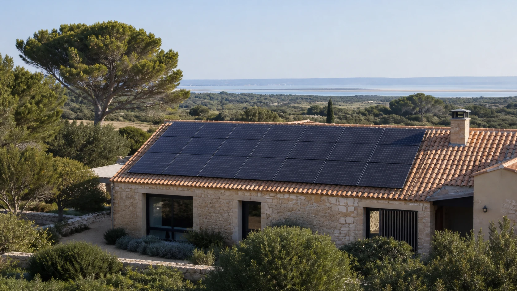 Architecture solaire près du littoral audois Maison aux abords de Narbonne avec panneaux solaires et végétation méditerranéenne