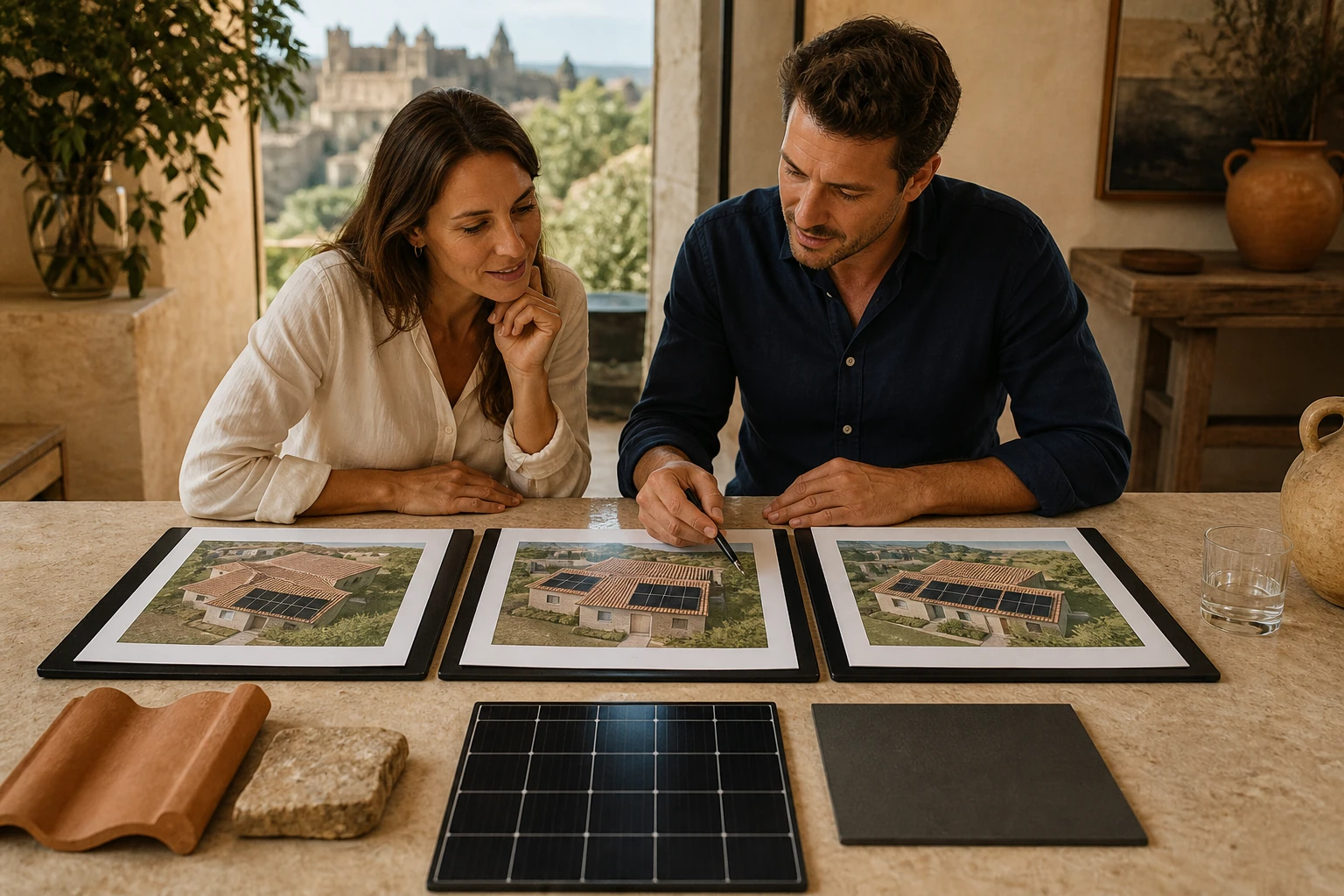 Trois propositions photovoltaïques comparées sur une table en pierre